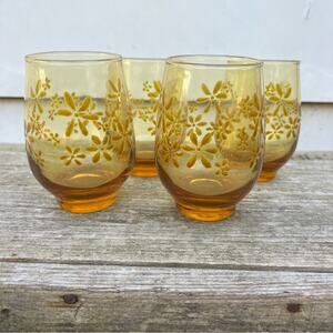 Vintage Libbey MCM amber gold mod floral glasses tumblers wine set of 4